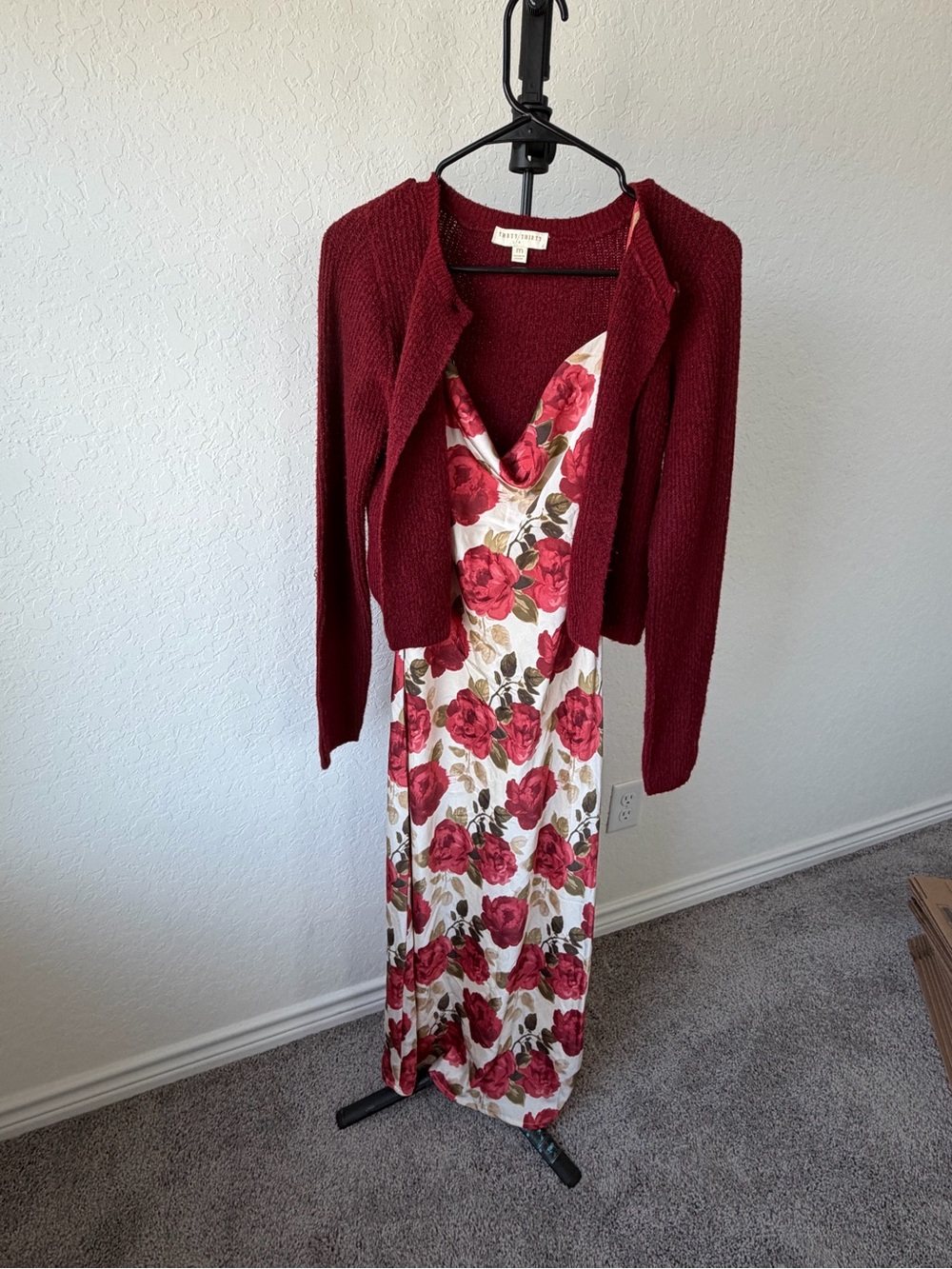 Floral Slip Maxi Dress in White with Red Rose Print